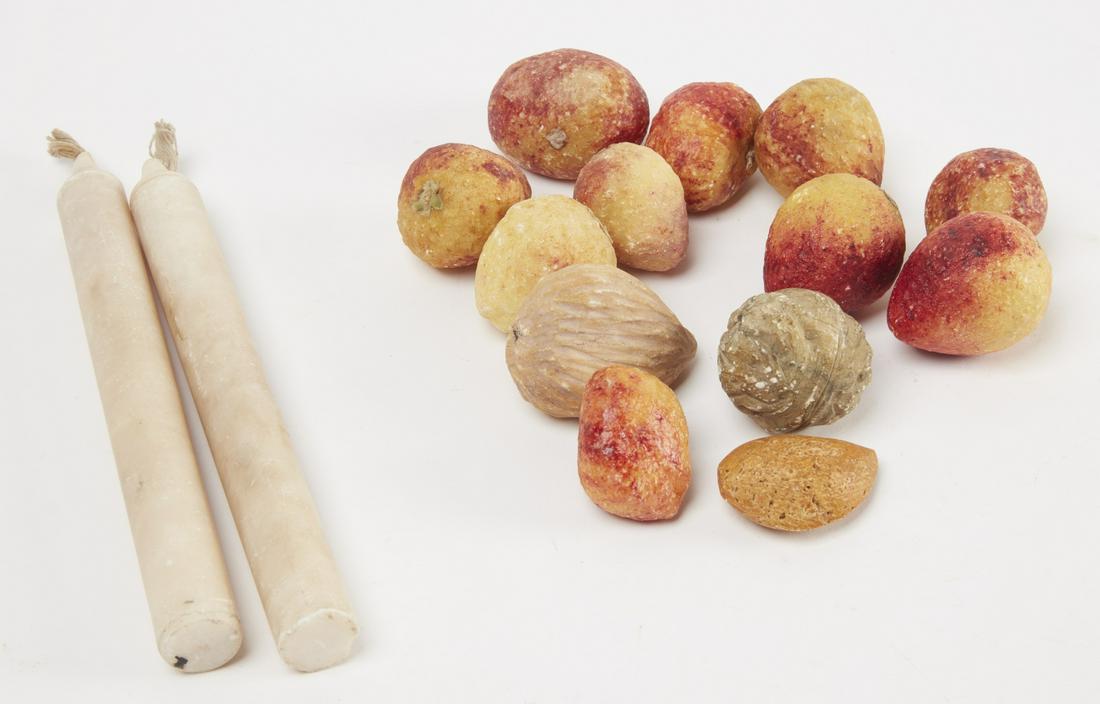 Stone Strawberries, Nuts and Candlesticks: Rare pair of alabaster stone candlesticks, together with 13 pieces of stone strawberries and nuts. Candle sticks excellent condition. Others with some wear. H candlesticks 8-1/8".