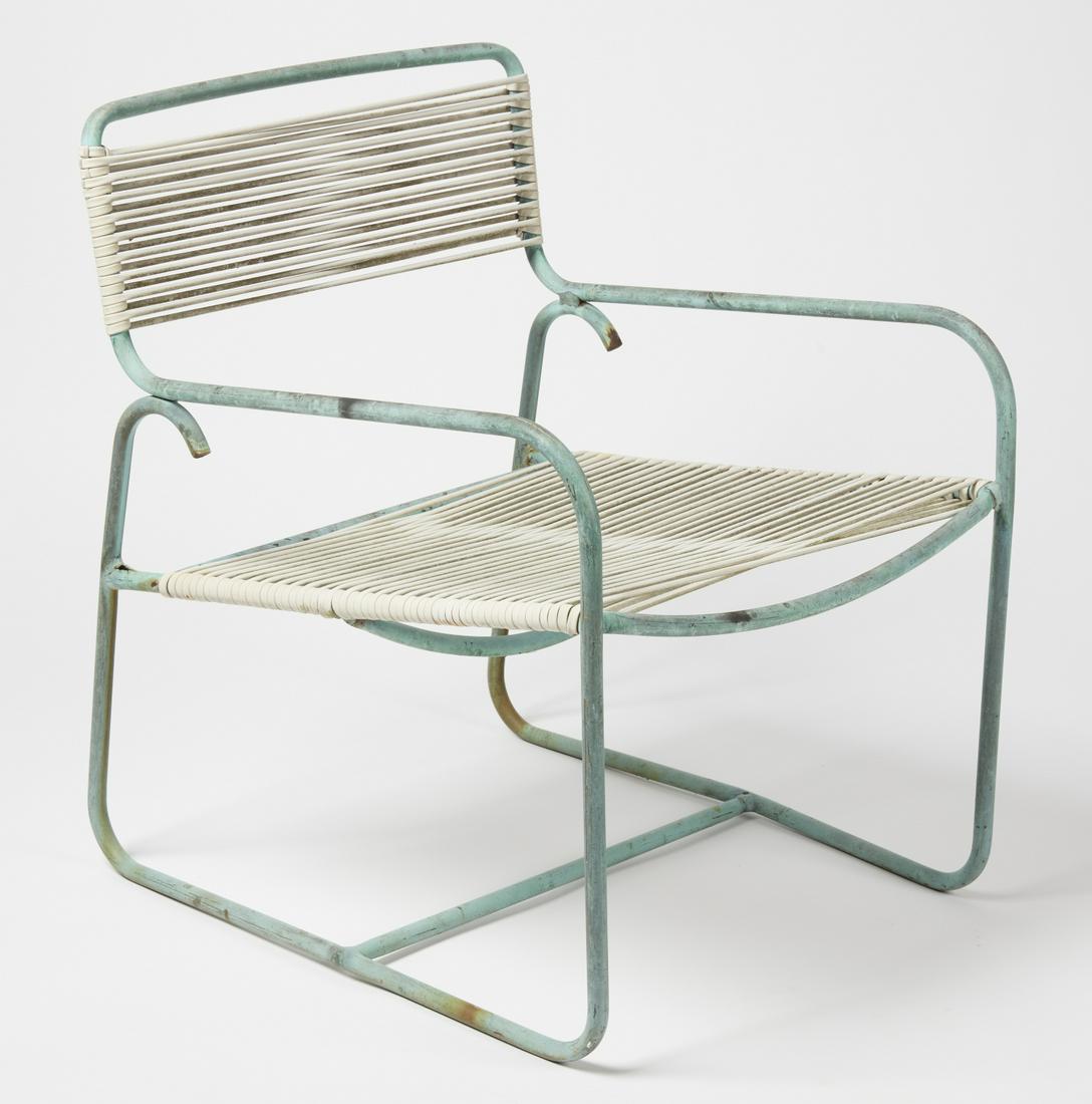 Walter Lamb Arm chair: Walter Lamb arm chair. H 31",seat H 17", W 24", D 25-1/4".Tubular bronze for Brown Jordan. Small areas of deterioration to tubular bronze where arm and meets back of chair.