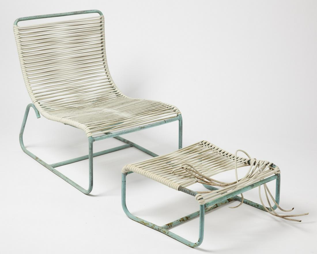 Walter Lamb Lounge Chair with Ottoman: Walter Lamb tubular bronze lounge chair with ottoman for Brown Jordan. Chair H 28", W 22-1/2", D 28-1/2". Ottoman H: 9-1/2", W 20", D 18-1/2". Excellent condition with minor imperfections.
