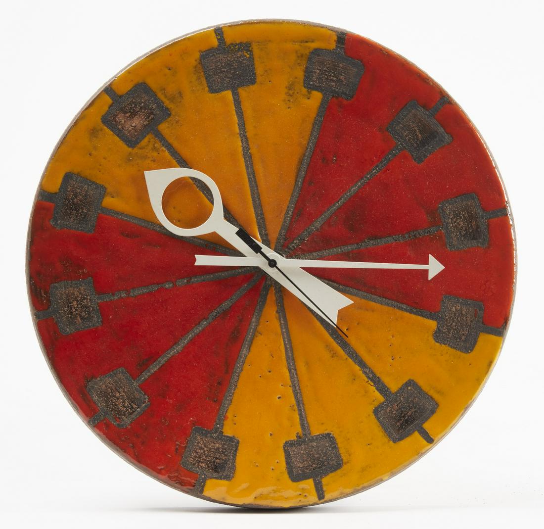 Bitossi Ceramic Clock: Bitossi ceramic clock. Dia. 14", D 3-1/4". Works sporadically.