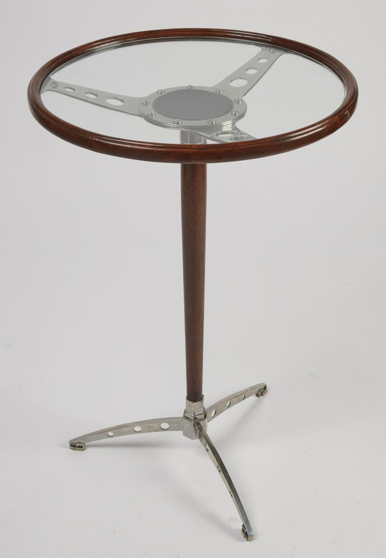 KENO BROS - 'Racer' Accent Table: KENO BROS - 'Racer' Accent Table. Finely crafted in Maple Stainless Steel and Woven Carbon Fiber, for Theodore Alexander, H 28-1/2", Dia. 19".