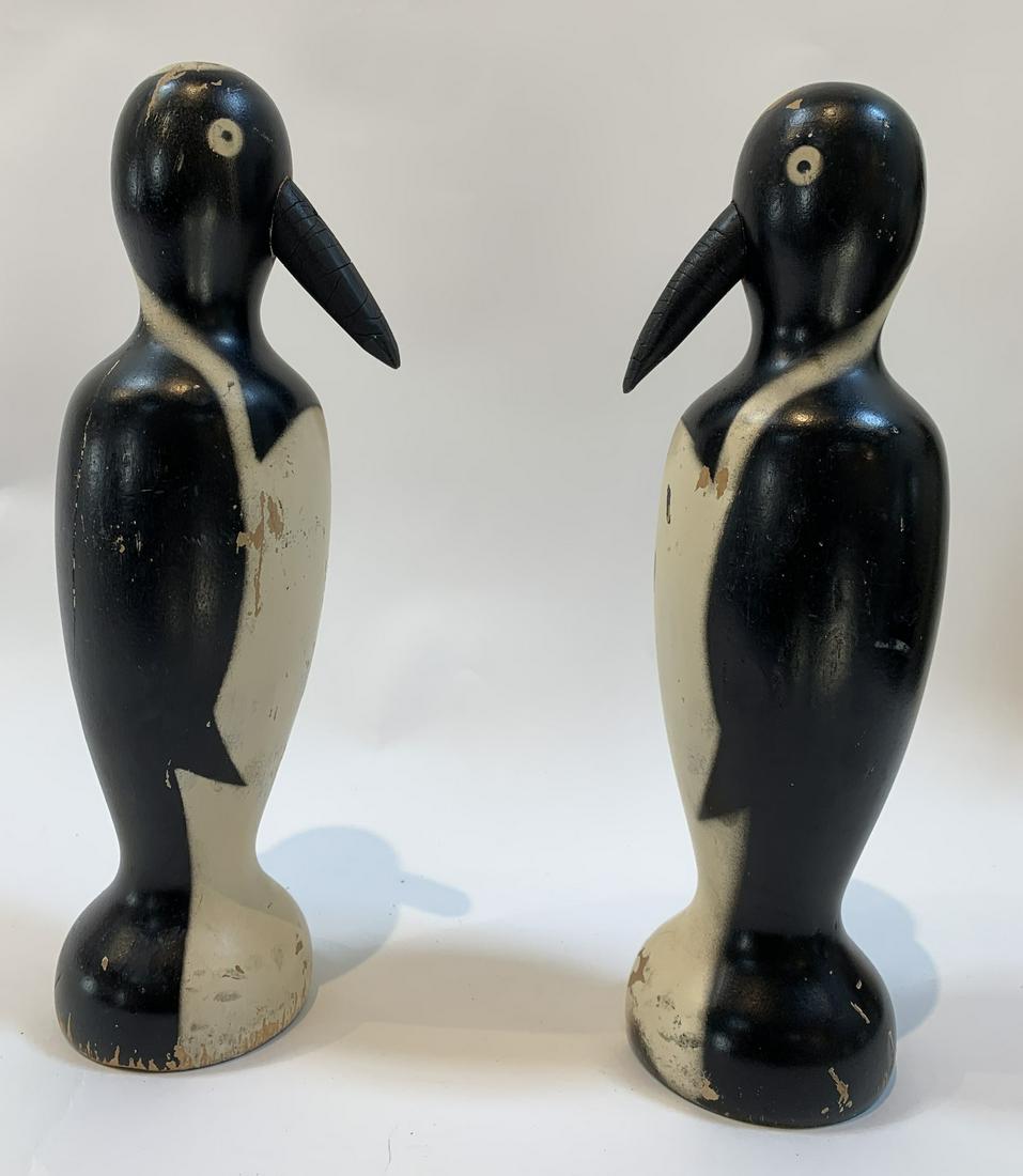Pair of Carved and Painted Penguin Bowling Pins: Pair of carved and painted folk art penguin bowling pins.H 12-1/4". Excellent original vintage condition. No restoration. Minor paint loss as noted in images.