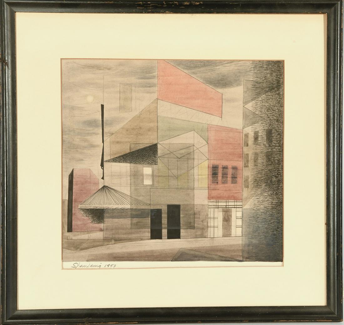 Warren Spaulding - watercolor 1950: Warren Spaulding - cityscape. Watercolor on paper. Signed LL and dated 1950. Framed size H16-1/4" W17". Matt opening, H10-1/2" W11-1/8". Excellent condition. Glass is missing.