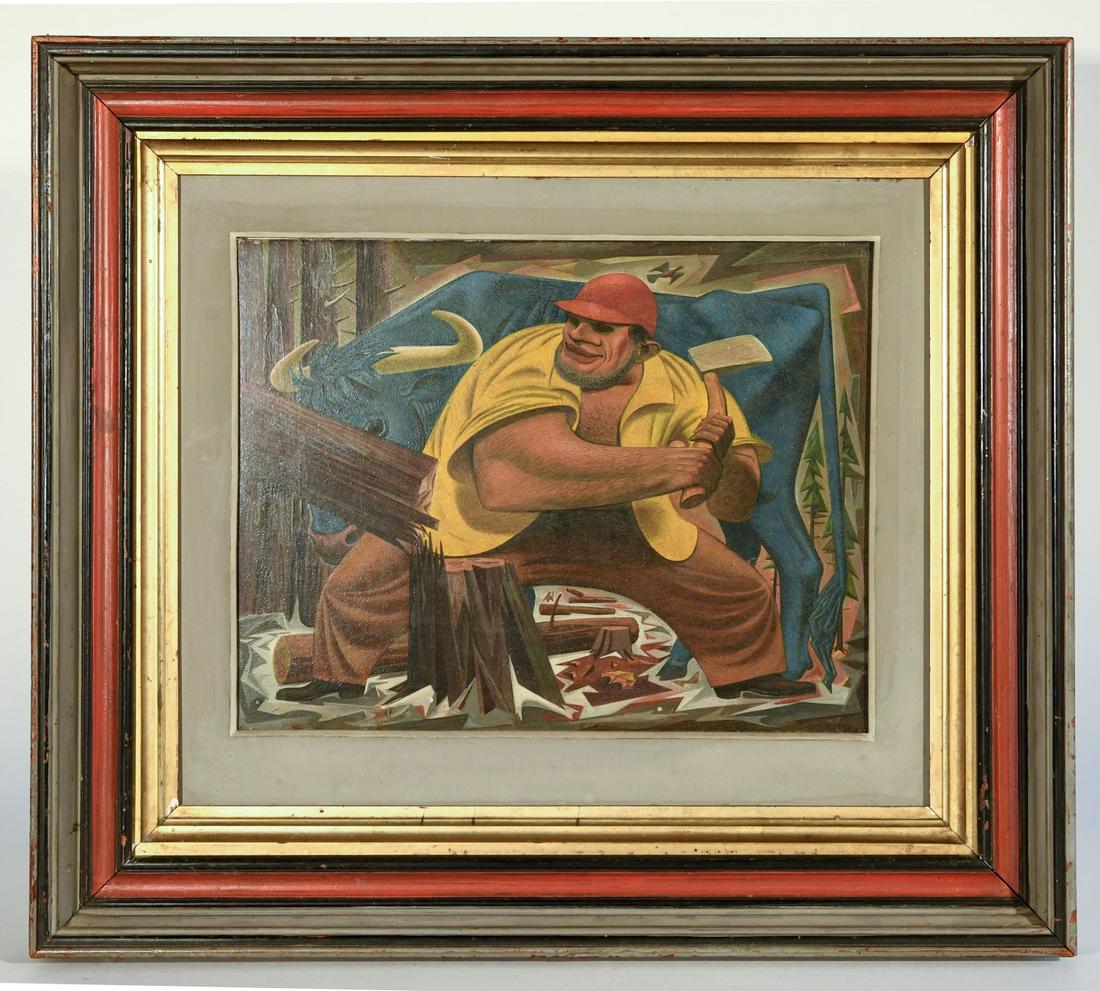 Warren Spaulding - egg tempera: Warren Spaulding - Paul Bunyan egg tempera on masonite. Circa 1955. Signed on stretcher. Framed size: H 17-3/4", W 20", panel size H 10", W 13". Excellent original condition. Original painted frame.
