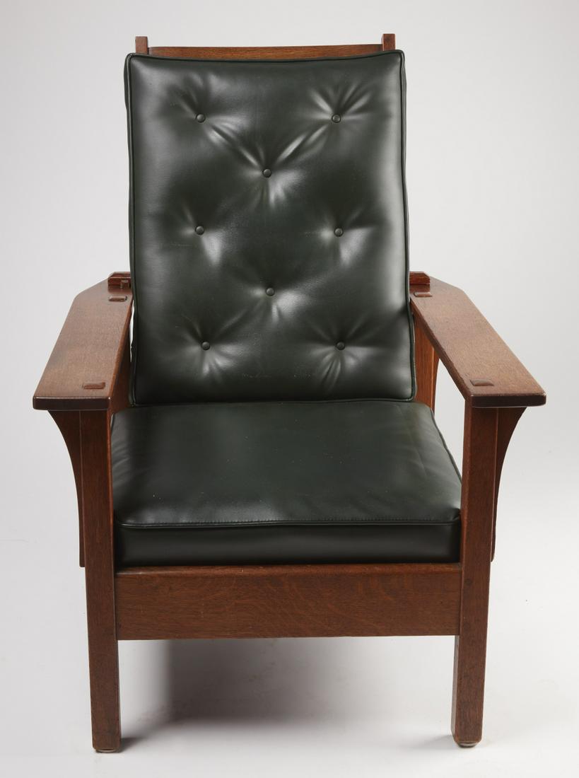 Stickley Morris Chair: Good Stickley Morris chair with decal on the inside of the seat frame. H 40-1/4", D 33".