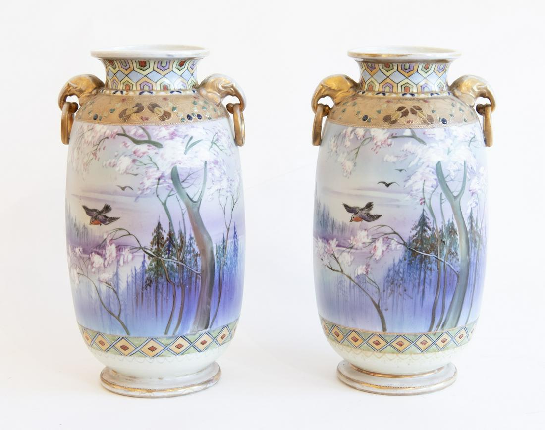 Fine Monumental Pair of Nippon Vases: Fine monumental pair of Nippon porcelain vases. Excellent condition. Minor spider crack on base. See last image. H 14-1/2".