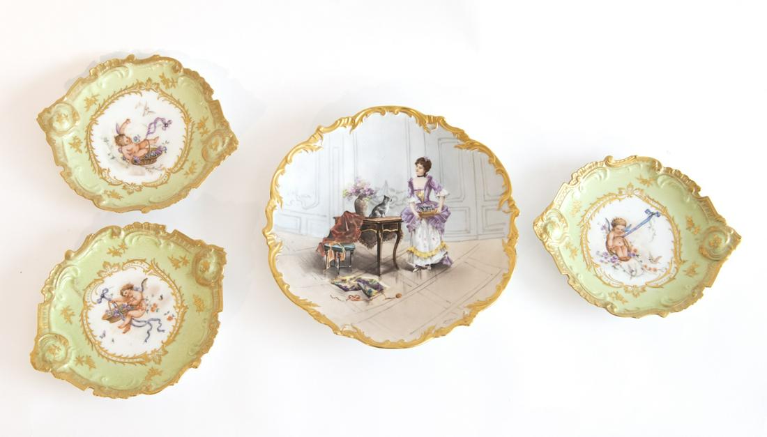 Limoges Dubois Wall Plaque plus 3 Plates: Limoges wall plaque or charger, signed Dubois. Dian 11-3/4". Plus 3 smaller marked Limoges plates that are unsigned. D plates