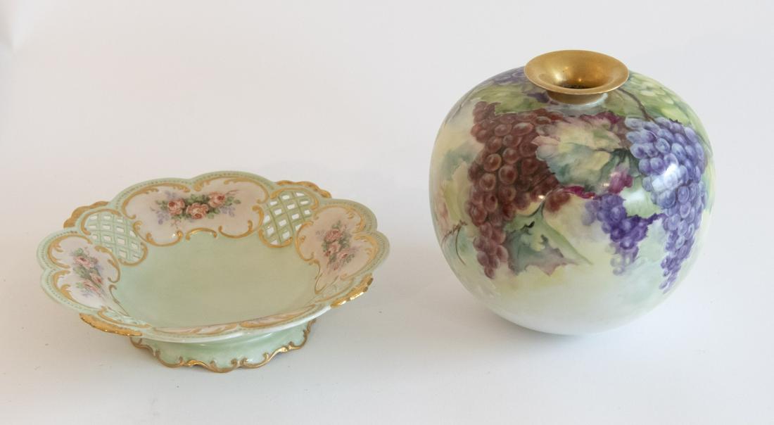 Fine Porcelain Bavarian Vase and Bowl: Fine bulbous Bavarian artist signed vase along with a reticulated Bavarian bowl. No damage noted. Vase H 7". Bowl Dia. 8-5/8". Excellent condition.