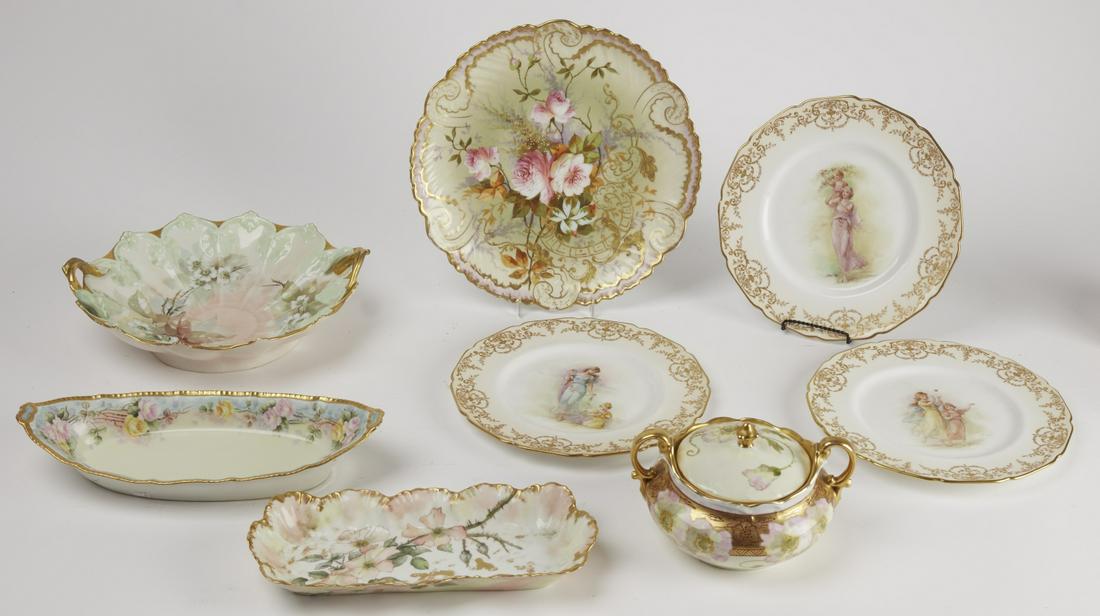 Antique Limoges Lot: Antique Limoges Lot. Including Serving bowl with handles D 12-1/2", 3 painted plates D 10-1/2", Relish dish L 12", Covered bowl L 8-1/2', Large serving dish D 12-1/2" oval serving dish L 13-1/2".