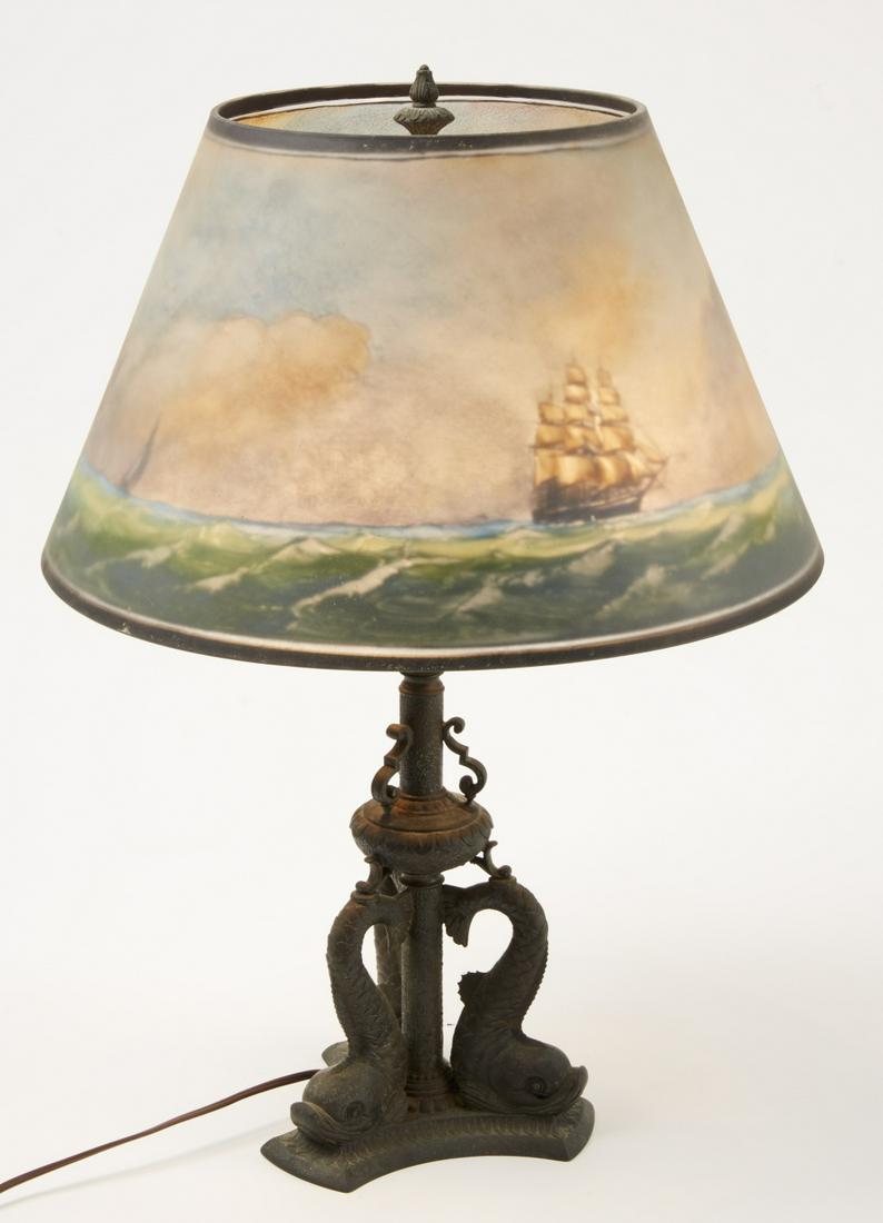 Pairpoint Lamp - signed: Fine Pairpoint lamp with bronze dolphin base. Shade signed C. Durand. Base signed Pairpoint. H 21-3/4" Dia Shade 16". Excellent condition.