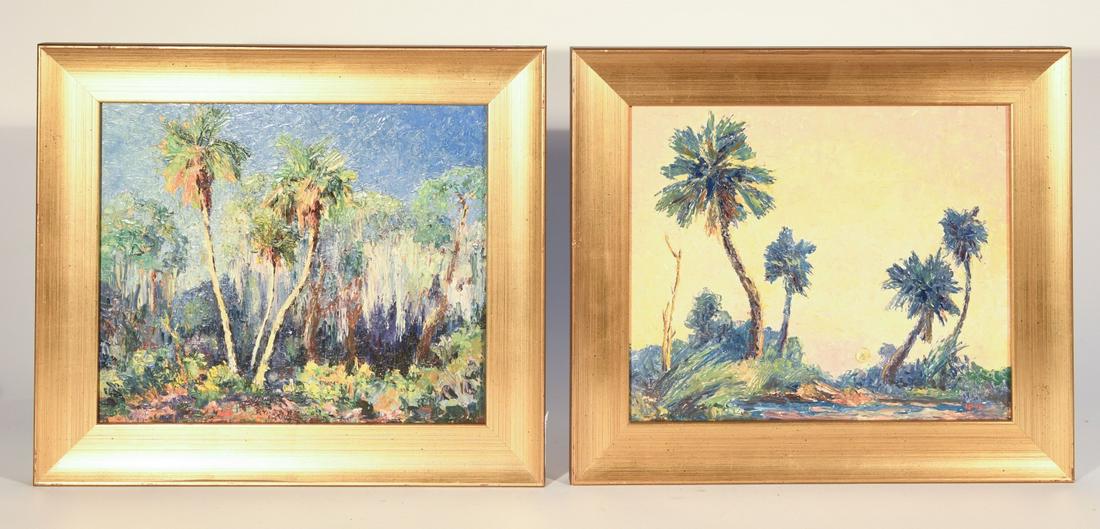 Francis Orville Libby 2 Florida Palm Tree Scenes: Francis Orville Libby (1883-1961) Two oils on panel. Palm Tree Florida scenes. One signed Signed LR. Together with an unsigned oil by Libby. Framed size: H 13", W 15". Panel size: H 10", W12". Excelle