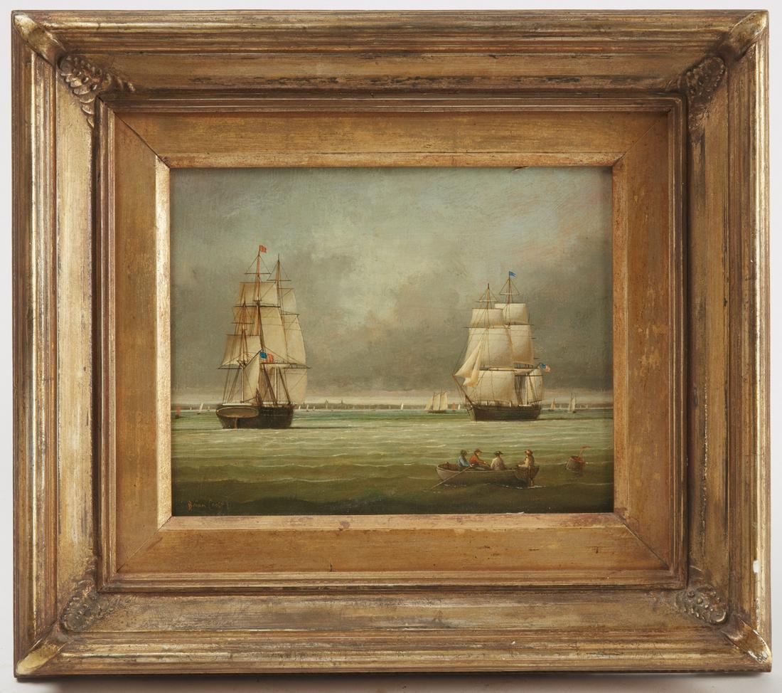 Brian Coole American Masted Ships at Sea: Brian Coole, (British, B 1939), American masted ships at sea with men in rowboat, signed lower left, oil on panel. Frame size: H 14-1/4", W 16-1/4"; sight size: H 7-1/2", W 9-12".