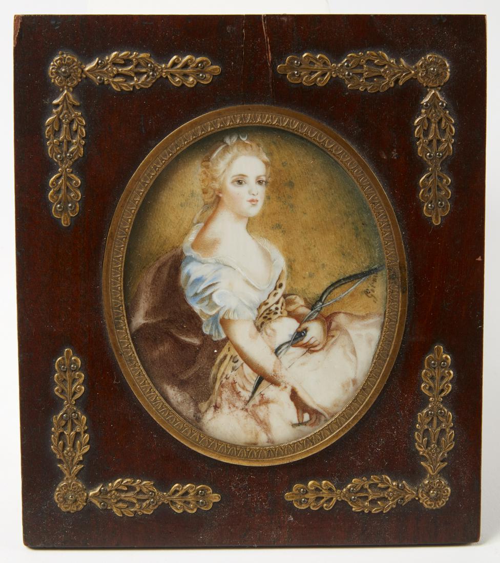 Miniature Portrait of a Lady with Bow - Signed: Antique miniature portrait of a lady with bow. Original brass mounted frame. Signed by the artist.Overall dimensions H6" W 5". Please refer to this link for a high-res image. https://www.dropbox.com/s