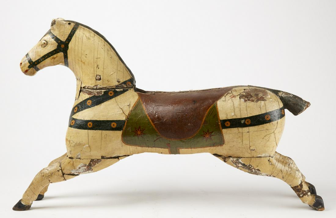 Antique Carousel Horse - Small: Small carousel horse, circa 1900. Old park paint. Cracks and losses. H 26-1/2", L 44-1/2", D 10-1/2".