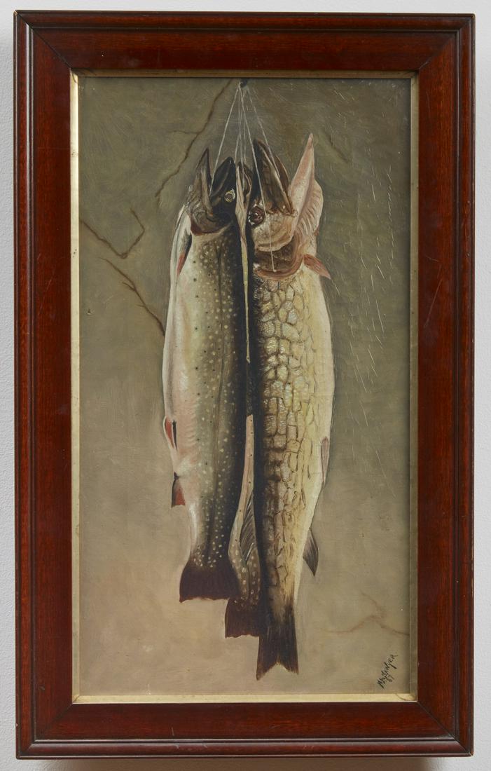 H.A. Sawyer - Fish Painting - 1887: Trophy fish painting. H.A. Sawyer, signed and dated HA Sawyer '87 LR. Frame size: H 26", W 16"; sight size: H 21-1/4", W 11-1/2".