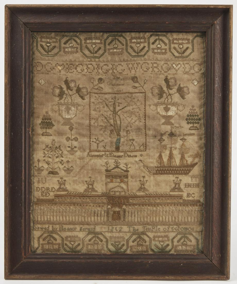 Unusual 1812 Needlework Sampler: Needlework sampler by Eleanor Gerard, 1812, Garden of Eden, clipper ship and Temple of Solomon. Minor imperfections. Frame size: H 20-1/2", W 17"; sight size: H 16-12", W 13". Please refer to this lin