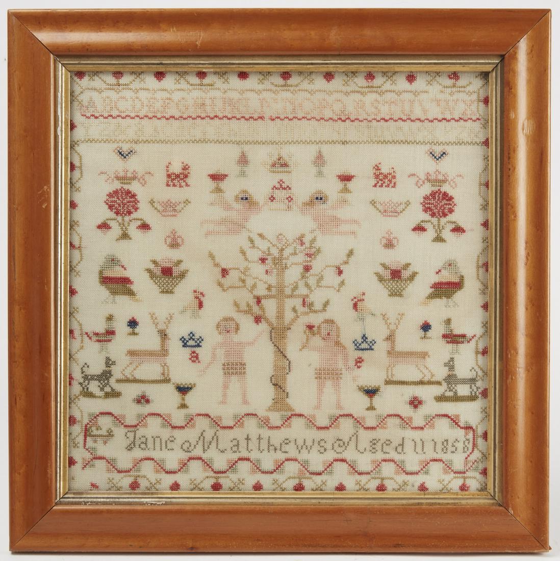 2 English Samplers: Lot of 2 English needlework samplers. First: Adam & Eve dated 1858; frame size: H 1-1/2", W 21-1/2", sight size: H 16-1/2', W 16-1/2". The second frame size: H 18'" W 16-3/8", sight size: H 14-1/2", W