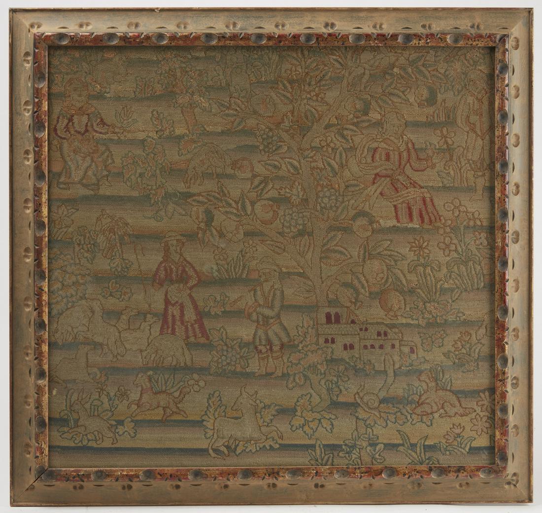 Early European Needlework Picture: Early needlework picture. Probably 18th century English. Excellent condition. Framed size H 29-1/4", W 30-7/8". Please refer to this link for a high-res image. https://www.dropbox.com/s/2uo7mabvr607gj