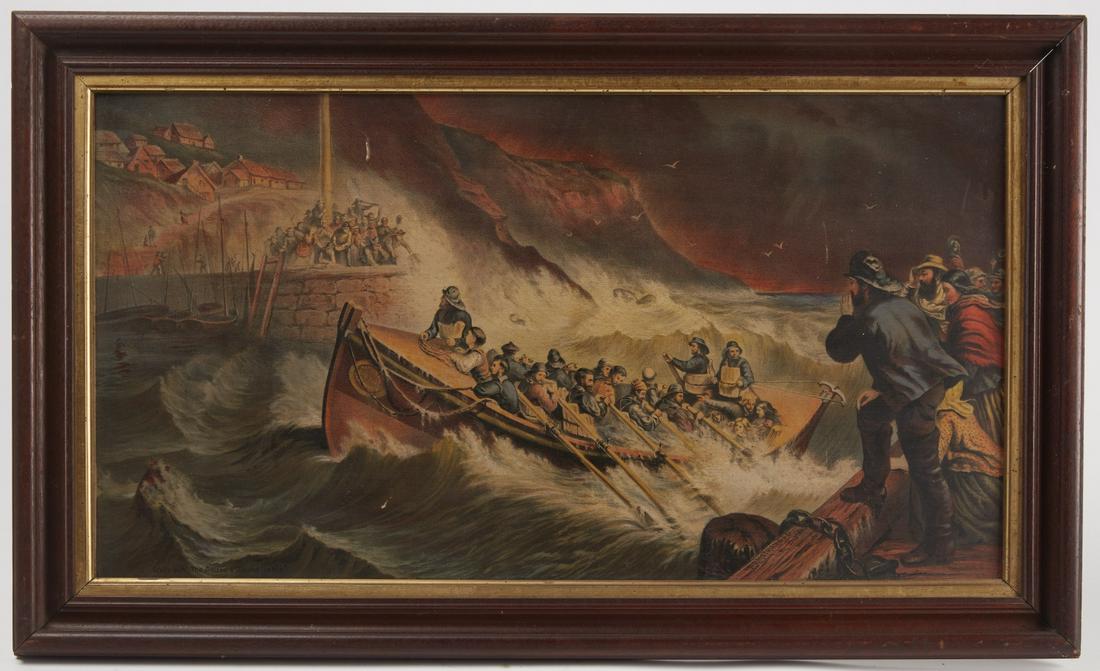 2 Lithographs, Armstrong Boston National Lifeboat: Interesting pair of high quality chromolithographs. Armstrong Lithographers, Boston. Each say Gratis with Citizen & Round Table. One says National Life Boat Institution. Original frames. Overall frame