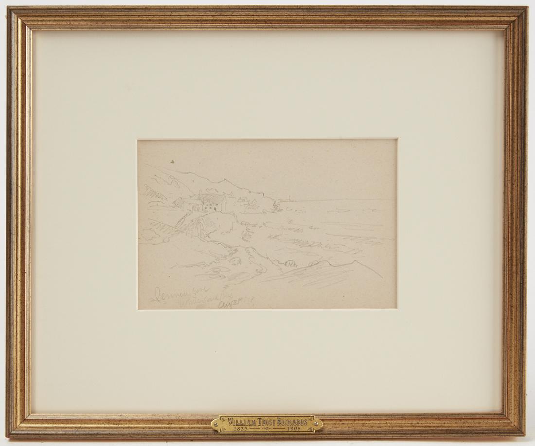 William Trost Richards Sketch: William Trost Richards (1833-1905) inscribed LL, Sennen Cove, White Sand Bay, August 31, 1878. Two sided. Unsigned. Window opening H 5", W7-1/2". Framed size: H 11-1/2", W 13-7/8".