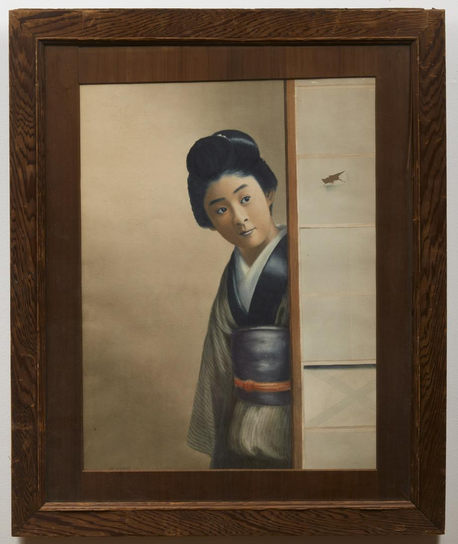Geisha watercolor: Fine Japanese Geisha watercolor. Original frame. Signed by the artist LR. Frame size: H 34-1/4', W 28"; sight size: H 29-3/4", W 23-3/4", mat opening: H 25-1/4", W 18-3/4".