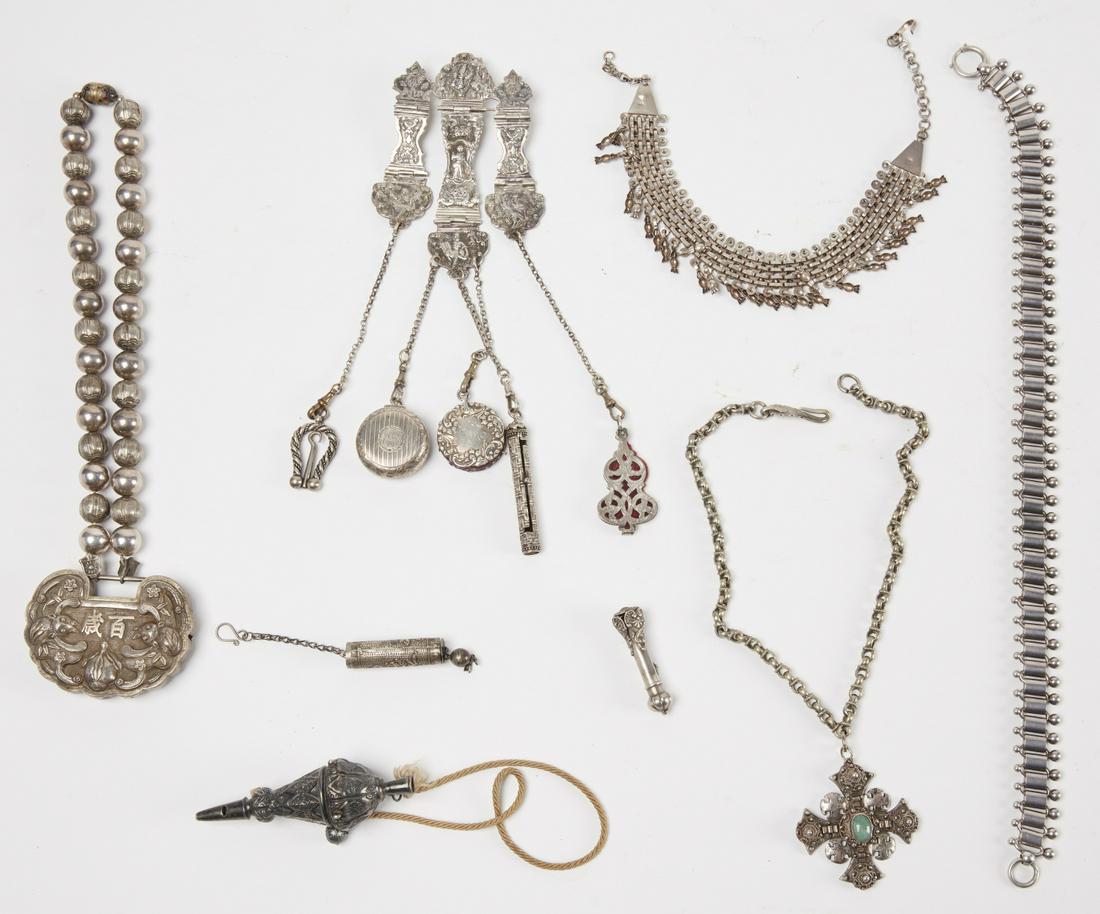 Interesting Lot - European & Asian Silver Jewelry: Interesting lot of European and Asian jewelry. Heavy silver necklace with green stone marked NAJJAR Bros Jerusalem. Chinese necklace with cloisonne clasp. Old silver chatelaine. Appears to be lower gr