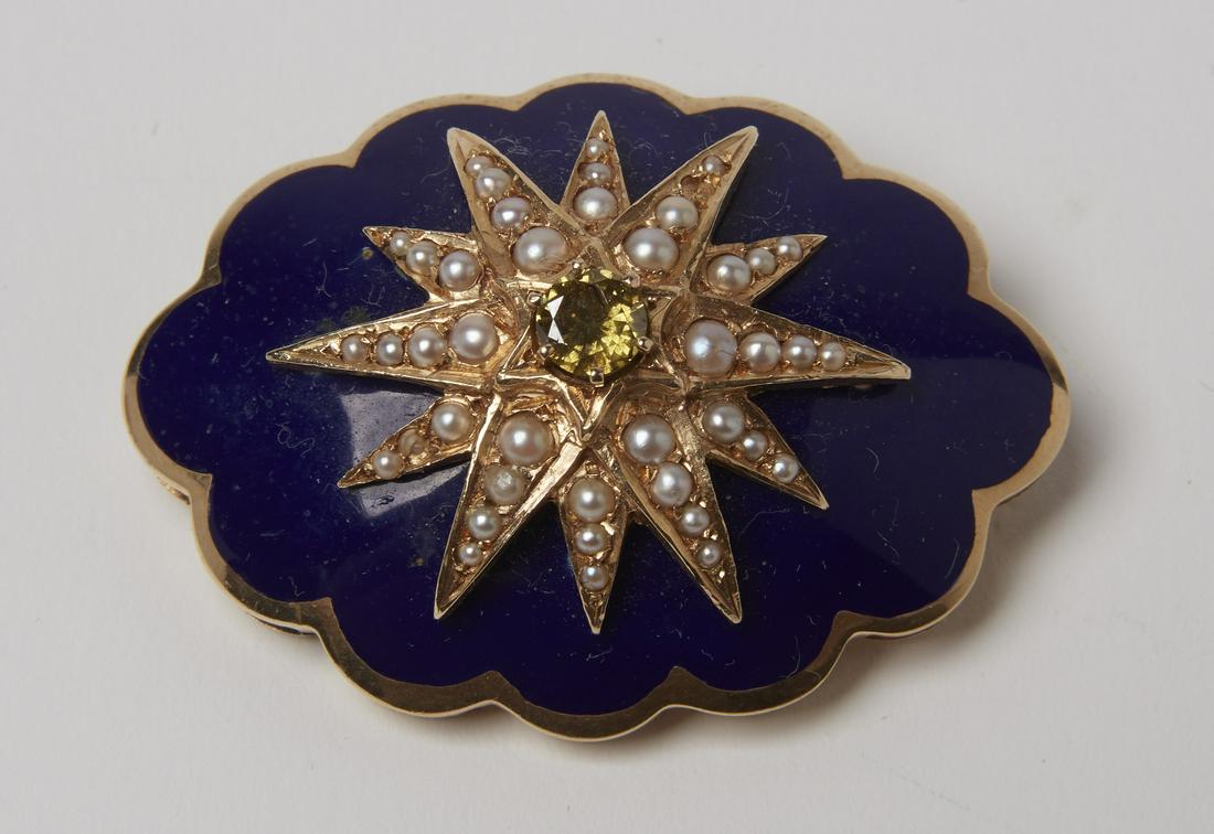 Early Blue Enamel Brooch Diamond and Pearls: Fine 19th century brooch with blue enamel, diamond and pearls 18k gold. Green Yellow diamond measuring 4.9 x 4.9 x 2.28 mm, 35pt, I2. 2 pearls are missing, clasp catch is a replacement and there are b