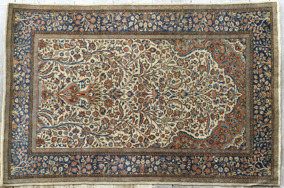 Fine Oriental Carpet: Fine antique Oriental carpet. Very finely woven. Look like silk. Excellent condition with very light spotty wear L 80", W 52-1/2".