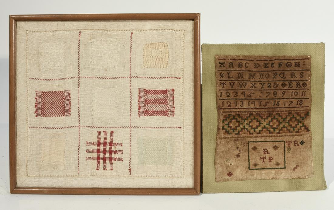 Three Early Needlework Samplers: Three early needlework samplers. Largest example 10-3/4" x 11-3/4". Stains and deterioration.