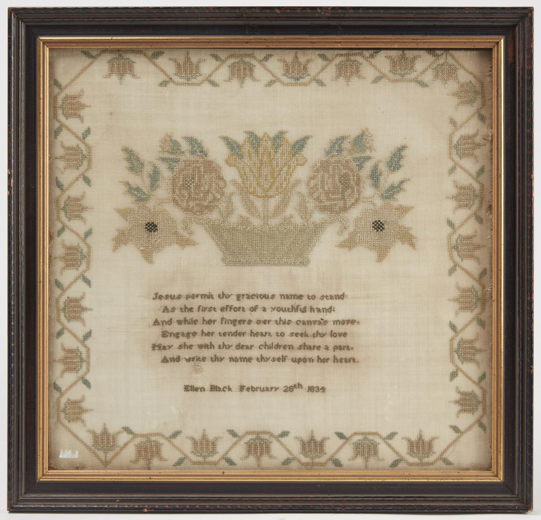 2 Needlework Samplers 1824 & 1834: 2 Needlework Samplers 1824 & 1834 Frame size: H 19-1/2, W 20-1/8" . Frame size: H 18-1/2", W 19". Please refer to this link for high-res images. https://www.dropbox.com/sh/m9p1qmowu5dyukh/AAAZeAx0o7sv