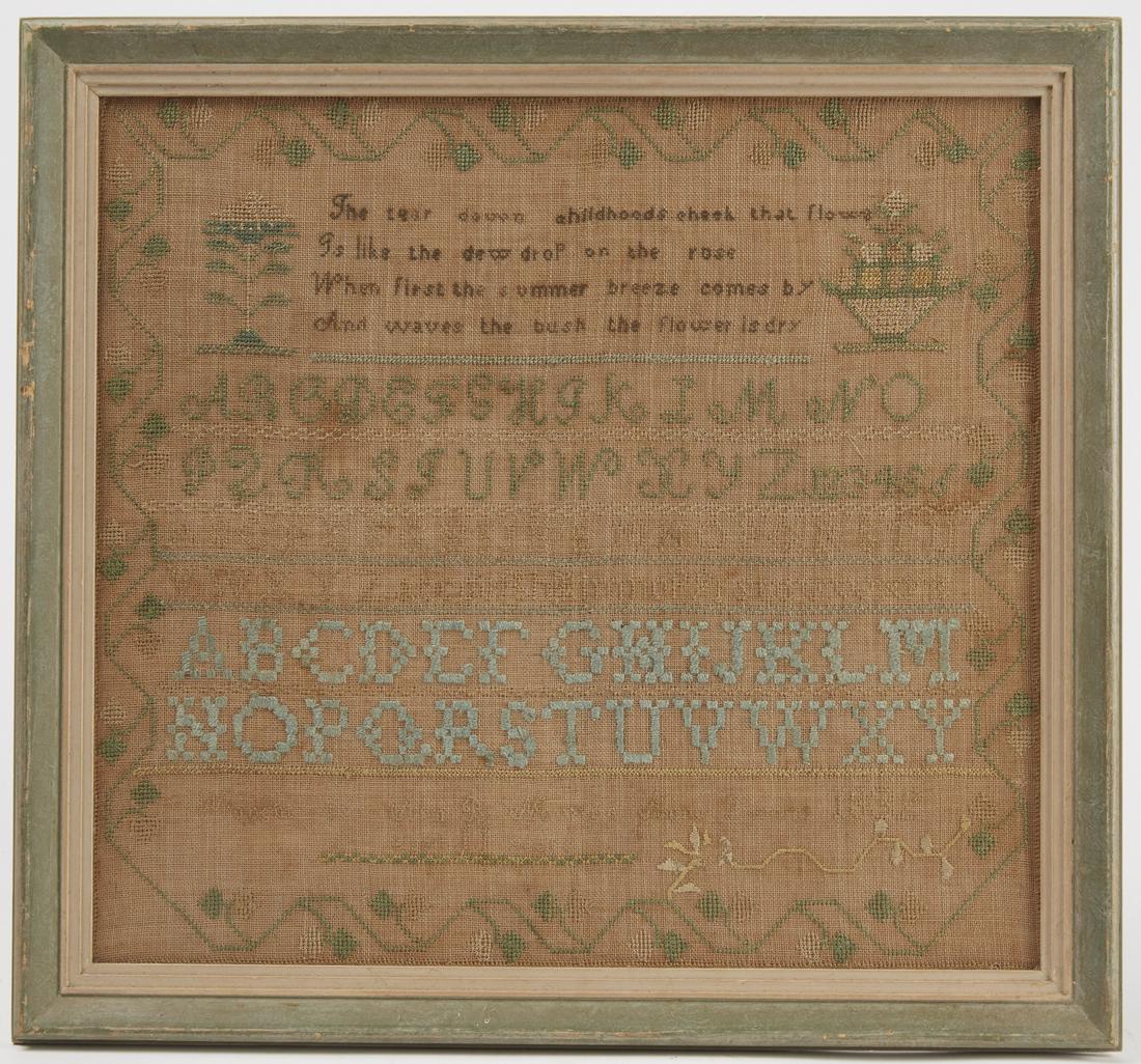 2 Needlework Samplers: 2 Needlework samplers. First dated 1832, frame size: H 18-1/2", W 20".The second, dated 1850, frame size: H 10-3/8", W 10-1/2". Please refer to this link for high-res images. https://www.dropbox.com/s