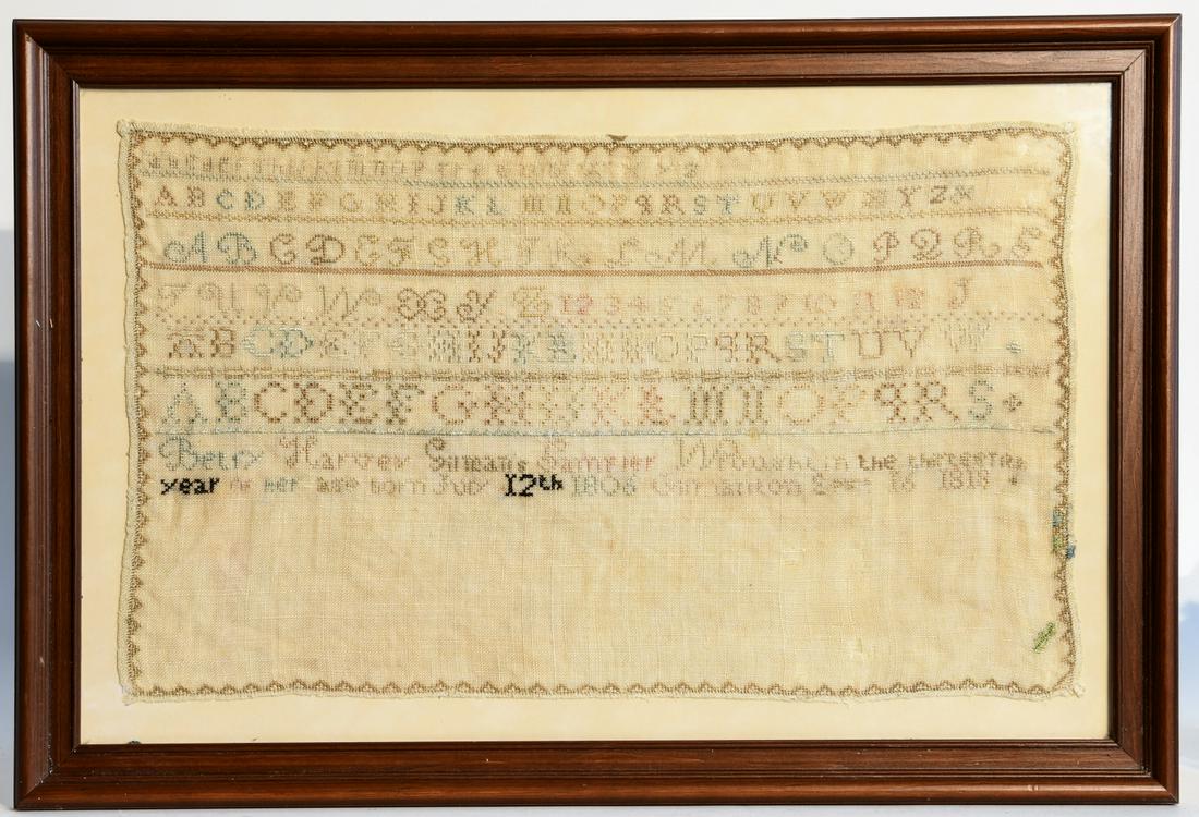Needlework Sampler - 1818: Needlework sampler- Betsy Harvey dated 1818. Probably American. Excellent Framed size H17" W 25". Sampler size H12" W 20-1/2". Please refer to this link ofr a high res image. https://www.dropbox.com/s