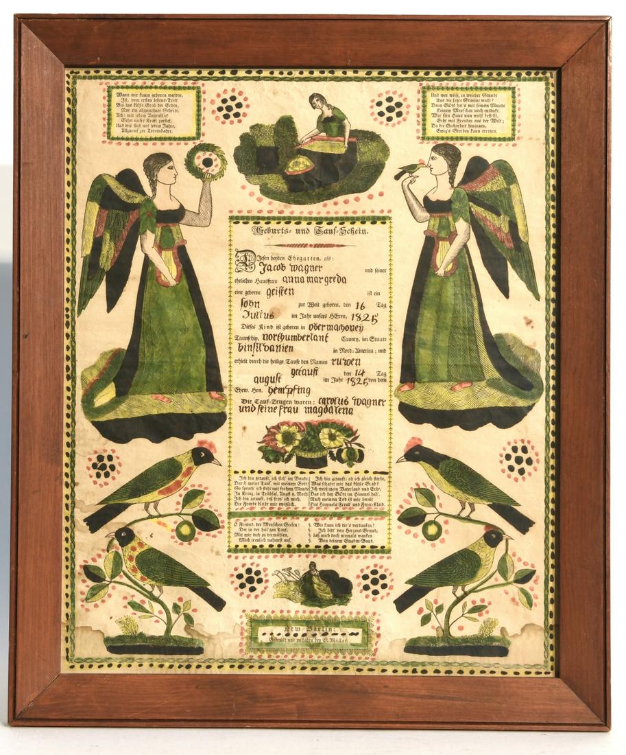 Printed Fraktur 1825: Brightly hand colored fraktur print. Dated 1825. Excellent condition with some stains in the lower portion.. Framed size H17-3/4" W14-7/8"