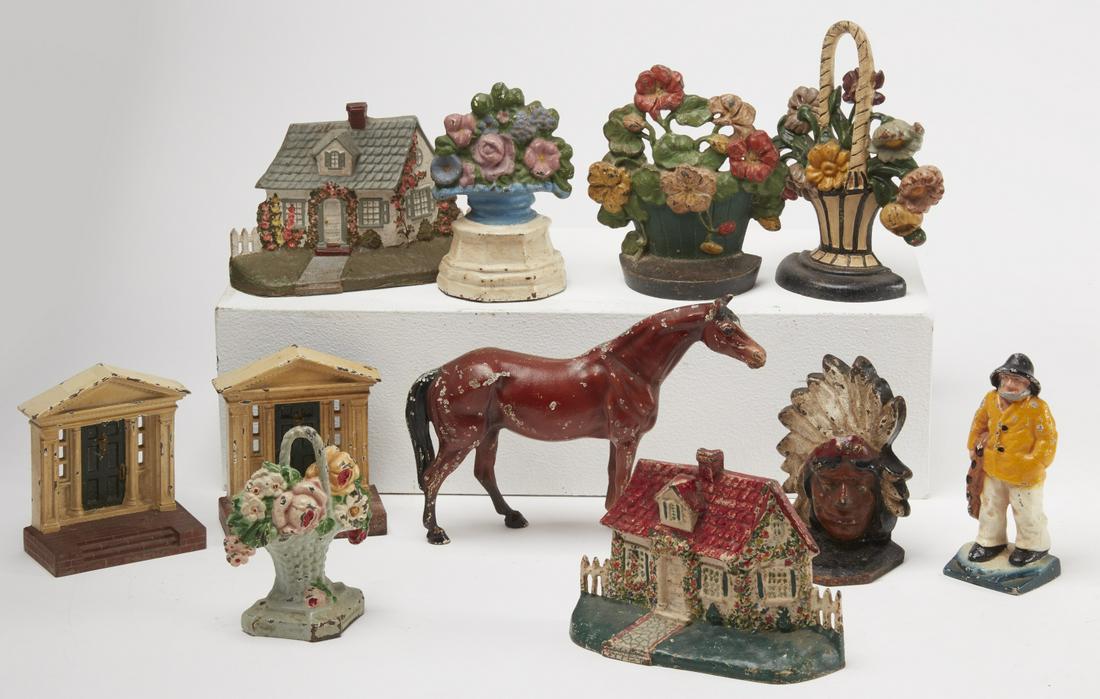 Iron Doorstop & Bookend Lot: Iron doorstop & bookend lot, all with old painted surfaces. Please refer to this link for a high res image. https://www.dropbox.com/s/hort75dn84uu6vq/1110049_1.jpg?dl=0