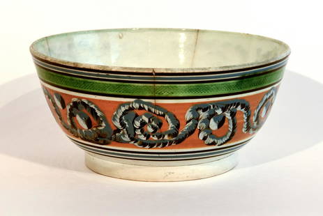 Large Mocha Bowl with Earthworm Decoration: Large early mocha pottery bowl with earthworm decoration,19th century. Good condition, note old cracks and discoloration, visible in images. D 11-1/8" H 5". Please refer to this link for high-res