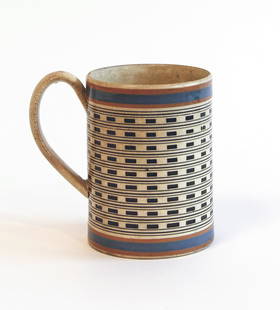 Large Mocha Straight Sided Mug: Large early mocha straight sided mug. Very minor, barely visible,hairline extending about 1/8" from the rim. See image. H 5-1/2". Please refer to this link for high-res images. https://www.dropbox.com