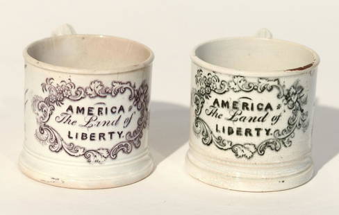 2 Child's Cups - America the Land of Liberty: Two Child's Cups - America the Land of Liberty .Circa 1825. H 2-7/16". Excellent condition with minor imperfections and small hairline cracks visible in images. Possible repair to lower portion of