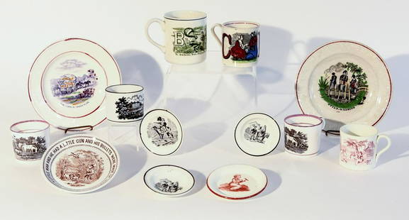 Lot of Early Children's Plates and Mugs: Good lot of early child's plates and mugs. Including 6 mugs. B for baseball mug marked Adams has a hairline. H range from 2-1/4" to 3-1/4". Two larger plates D 7-1/8". Stilt-Walker ABC plate stamped