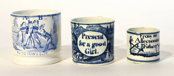 Three English Children's Transfer Cups: Three English transfer children's cups. Present for a good girl H 2-1/2". From an Affectionate Father H 1-7/8" (chip on bottom see image). Blind Man's Bluff H 3". Please refer to this link for