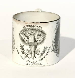 Child's Cup Republicans are not Always Ungrateful: Rare child's mug, Hall & Son, circa 1825. REPUBLICAN'S ARE NOT always UNGRATEFUL. H 2-7/16". Inspected under UV light. Minor rim chip and wear , some discoloration. Sold at Sotheby's Jan 29, 1994,