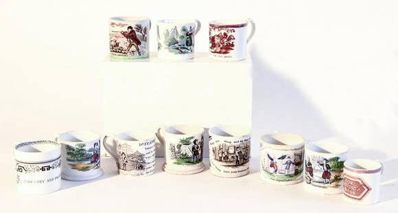 11 Early Child's Cups: Eleven 19th century child's mugs. Excellent condition with a few very minor imperfections. Inspected under UV light. no restoration noted. H 2-3/4" to 2-1/8"