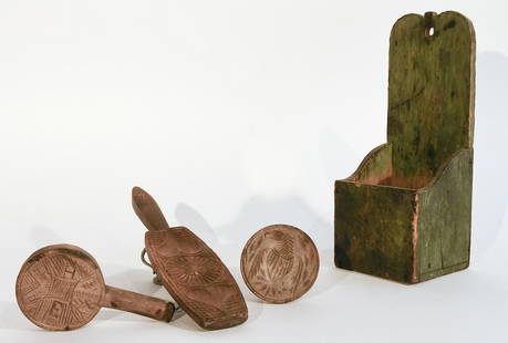 Painted Wall Box and Fine Butter Molds: Good 19th century painted hanging candle wall box with shaped top. Circa 1835. Square nail construction and original green paint. Together with a 19th century eagle butter mold, plus 2 early handled