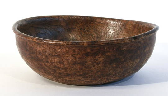 Good Early American Burl Bowl: Good early American ash burl bowl with strong even figure and well executed flared rim. 18th century. Excellent condition without cracks. Small indentation on rim where a ladle may have rested.