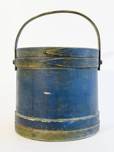 Blue Painted Firkin - signed: Good firkin in strong original blue paint. 19th century. Cut copper nails. Stamped on lid, Ephariam Murdock. Excellent condition. Minor wear as expected.H 12" Bottom Dia.12-1/4" top Dia 11-7/8".