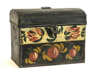 Large Tole Decorated Document Box: Good large tole decorated document box. Mid 19th century. Inspected under UV light. Excellent original condition. L 9-1/4" H7-1/2" D 5-5/8". Please refer to this link for high-res images.