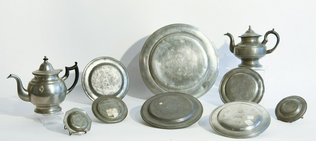 Eight Antique Pewter Dishes and 2 Pewter Tea Pots (1 of 10)