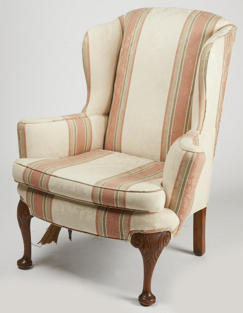 Queen Anne Upholstered Arm Chair: Queen Anne upholstered arm chair. Probably centennial. Overall H 44". Overall W 35-1/2", Overall D 32".