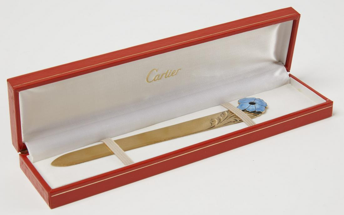 Cartier Sterling & Enamel Letter Opener: Cartier sterling and enamel letter openr with a gold wash. Original box. L 7-1/8". 1.005 ozt