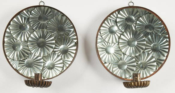 Pair of Tin Reflector Sconces: Rare pair of late Victorian period asphaltum base coated tin reflector sconces with glazed windows. Glass with fine bubbles and imperfections. American, Last quarter of the 19th century. Excellent -