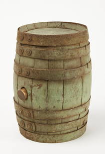 Early Powder Keg in Sage Green Paint: Early powder keg with original sage green paint. Fine iron strapping. American, circa 1865. L 11" D 7". Please refer to link for hi-res photos.